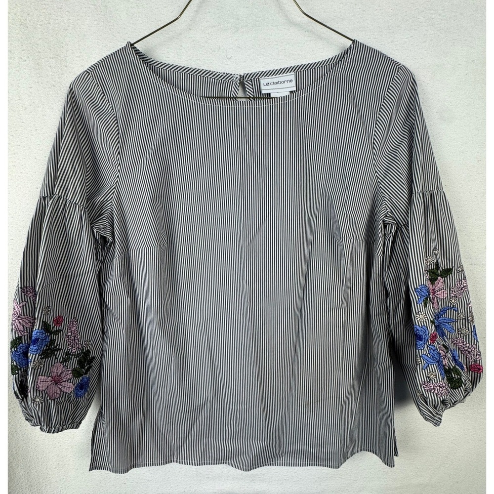Liz Claiborne Blouse Womens S Navy White Stripe Floral Embroidered Puff Sleeve